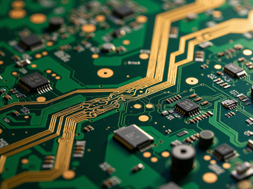 单面板线路板特写，绿色基材表面印制电路图案，边缘整齐，金属焊盘清晰可见，背景为工业工作台